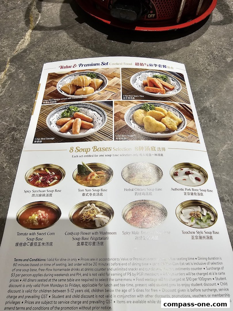 A menu page showcasing various hotpot soup bases and appetizer dishes.