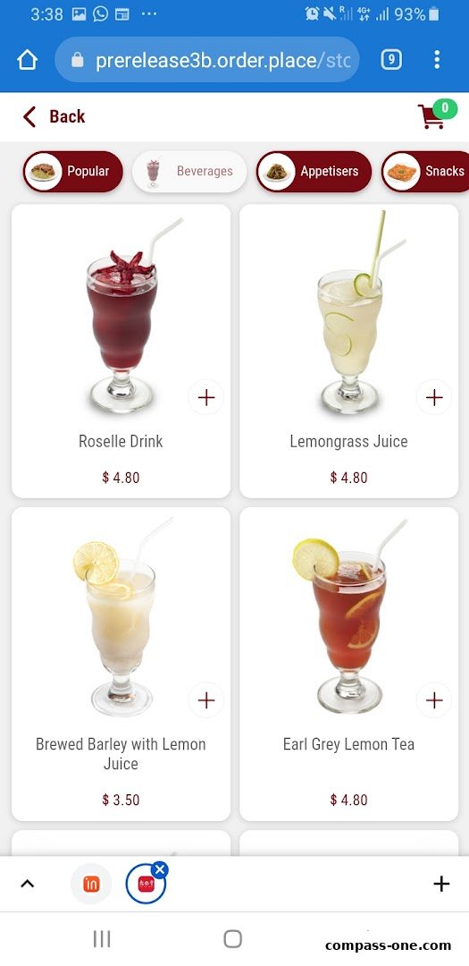 A screenshot of a mobile menu displaying various beverages with prices.