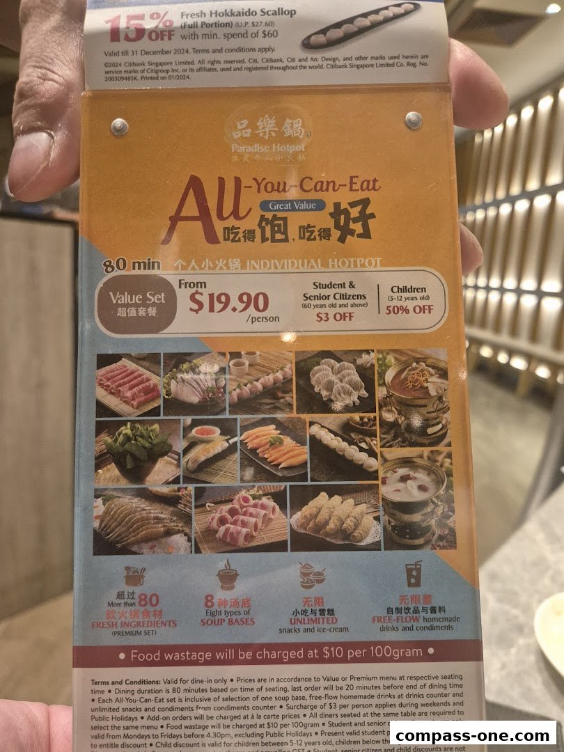 A menu for Paradise Hotpot's All-You-Can-Eat individual hotpot.
