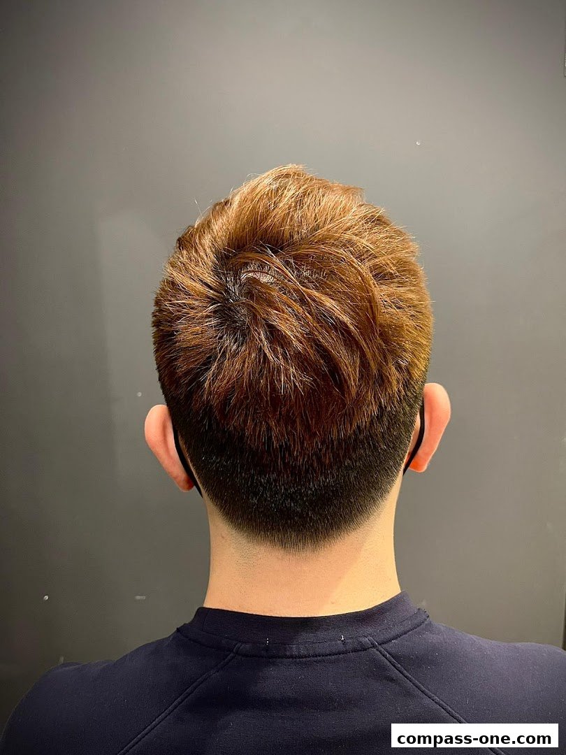 Back view of a person with a stylish, short haircut with reddish-brown highlights.