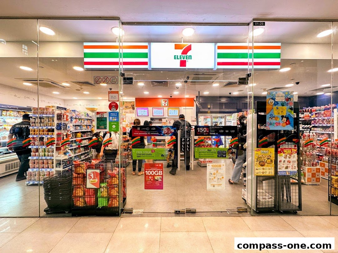 The entrance of a brightly lit 7-Eleven convenience store with products displayed inside.