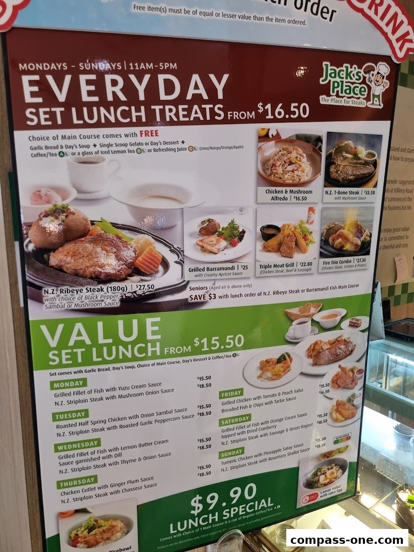 A menu board for Jack's Place featuring everyday set lunch treats and value set lunches.