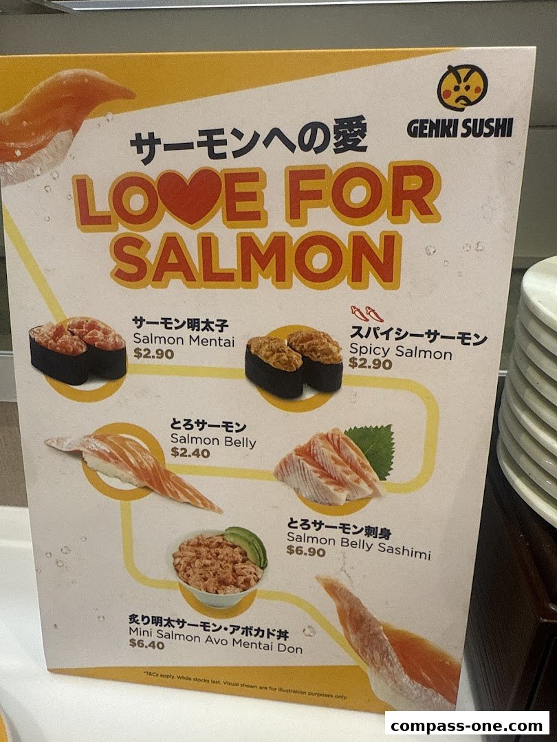 A menu board from Genki Sushi featuring various salmon sushi dishes and prices.