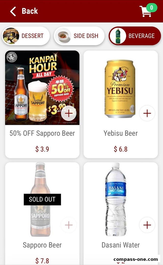 A mobile app screen displaying beverage options with prices and discounts.