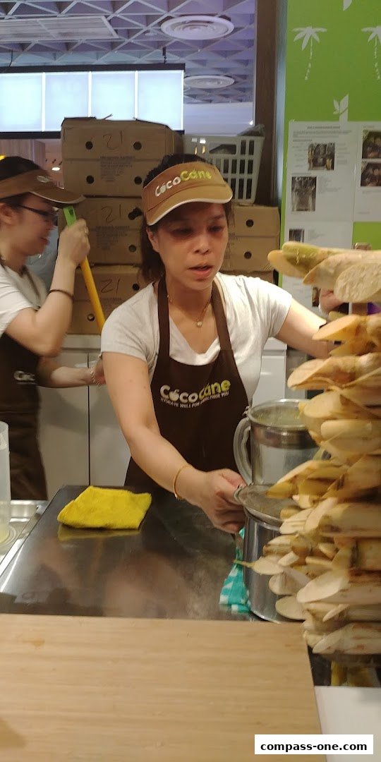 Staff members preparing drinks at a CocoCane counter with sugarcane stalks.