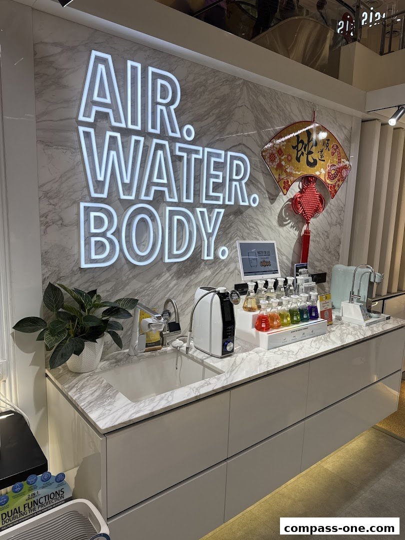 Novita store display featuring water ionizers and health products with neon signage.
