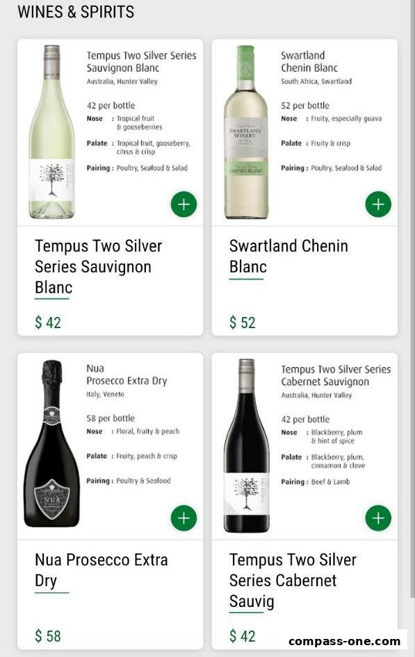 A selection of wines and spirits with their descriptions and prices.