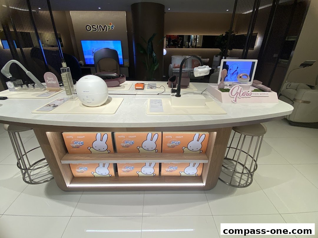 OSIM shop interior showcasing massage chairs, wellness devices, and Miffy collaboration products.