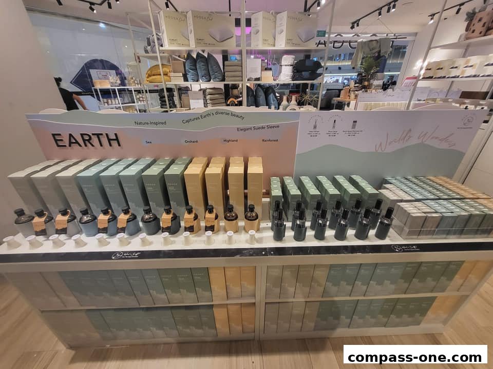 A display of bottled fragrances and boxed products with nature-inspired themes.