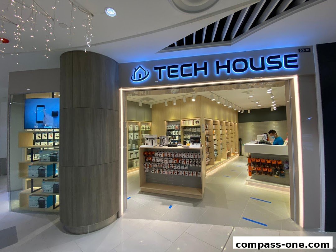 The entrance of a modern electronics store, Tech House, showcasing various gadgets and accessories.