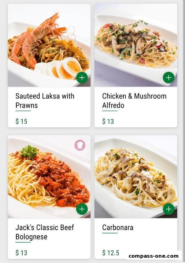 A selection of four pasta and noodle dishes with prices.