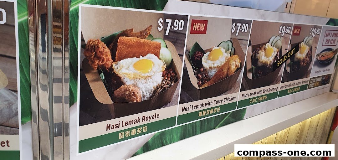 A display of Nasi Lemak dishes with prices and descriptions.