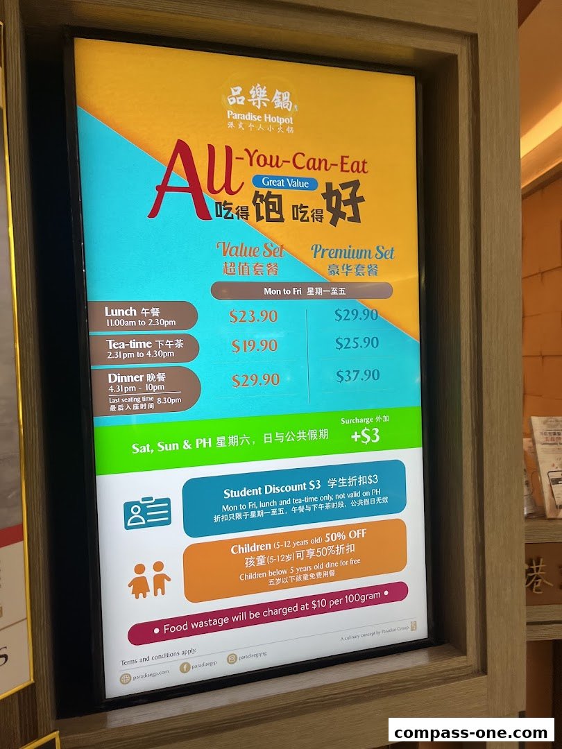 A menu board for Paradise Hotpot offering All-You-Can-Eat Value and Premium Sets.