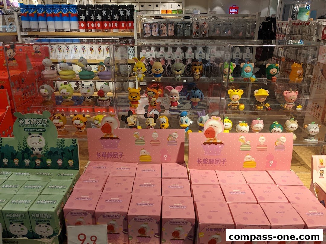 A display of cute collectible figurines and merchandise at MINISO Compass One.