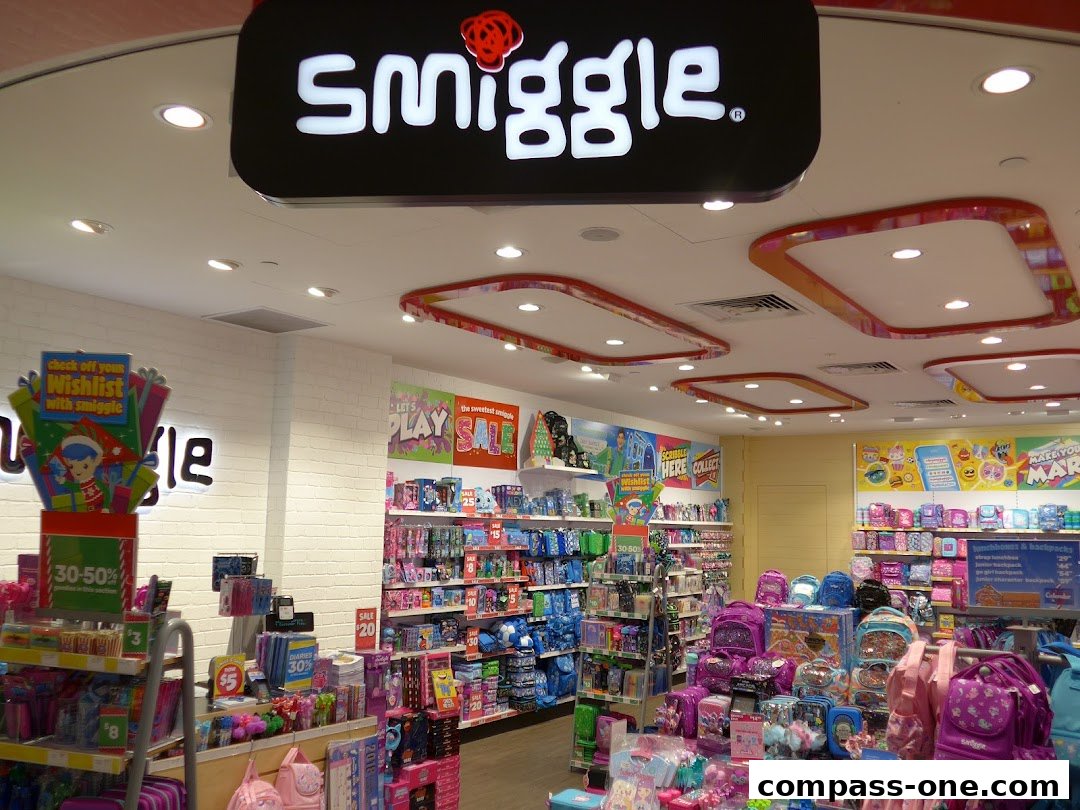 Interior of a brightly lit Smiggle store filled with colorful stationery, backpacks, and school supplies.
