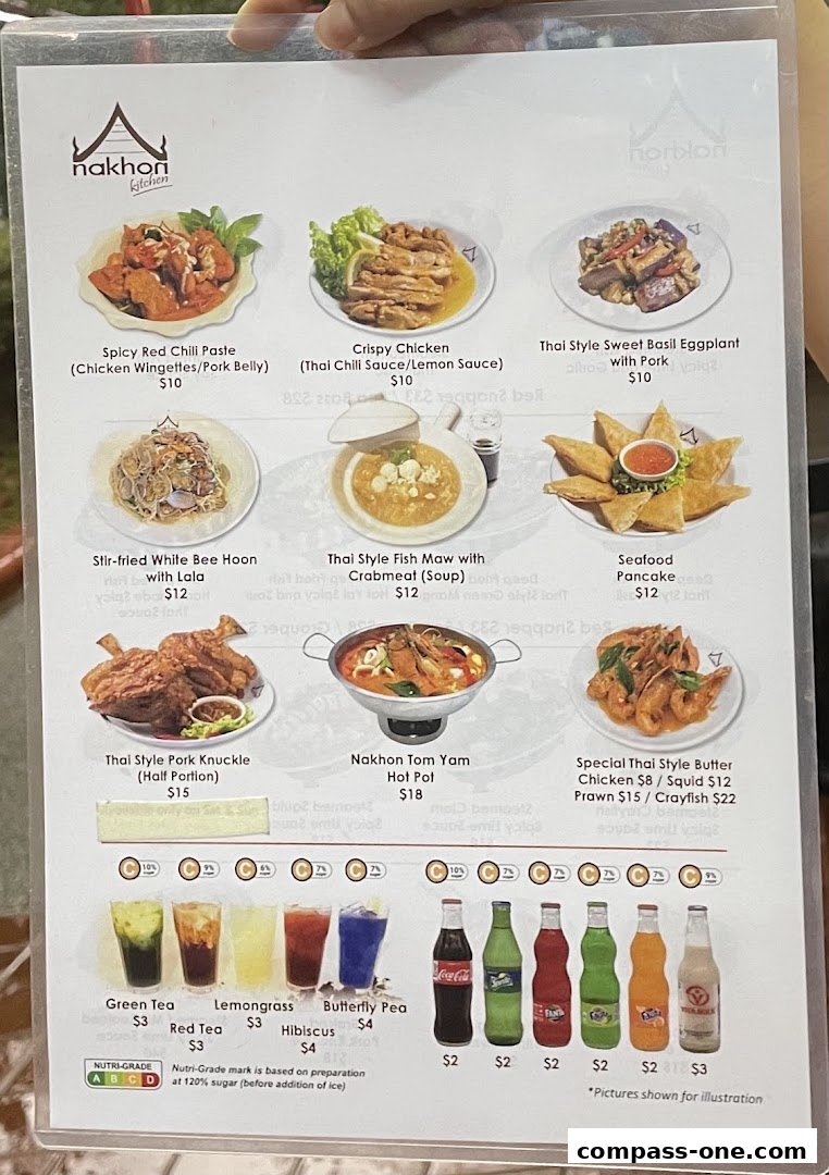 A menu from Nakhon Kitchen featuring various Thai dishes and drinks with prices.