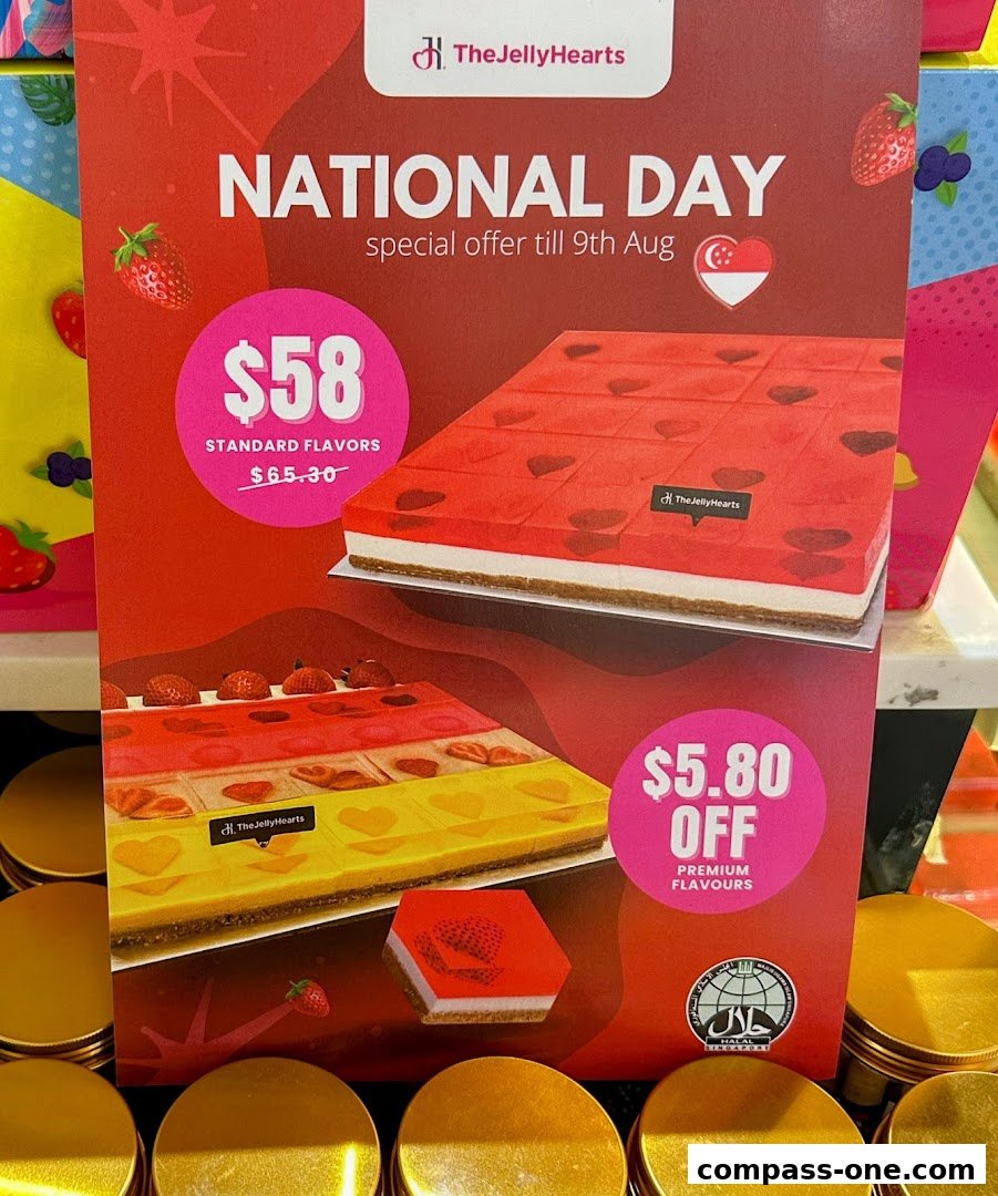 A promotional flyer for The JellyHearts featuring National Day special offers on jelly cakes.