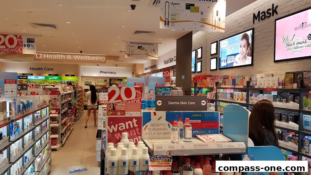 Interior view of a Watsons store with health, beauty, and pharmacy products on display.