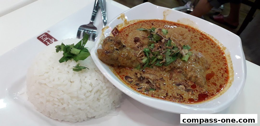 A close-up of a delicious curry dish with rice and garnishes, served on a white plate.