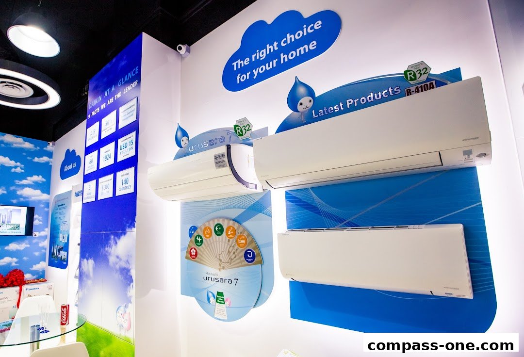 Interior view of a Daikin Proshop showcasing air conditioning units and company information.