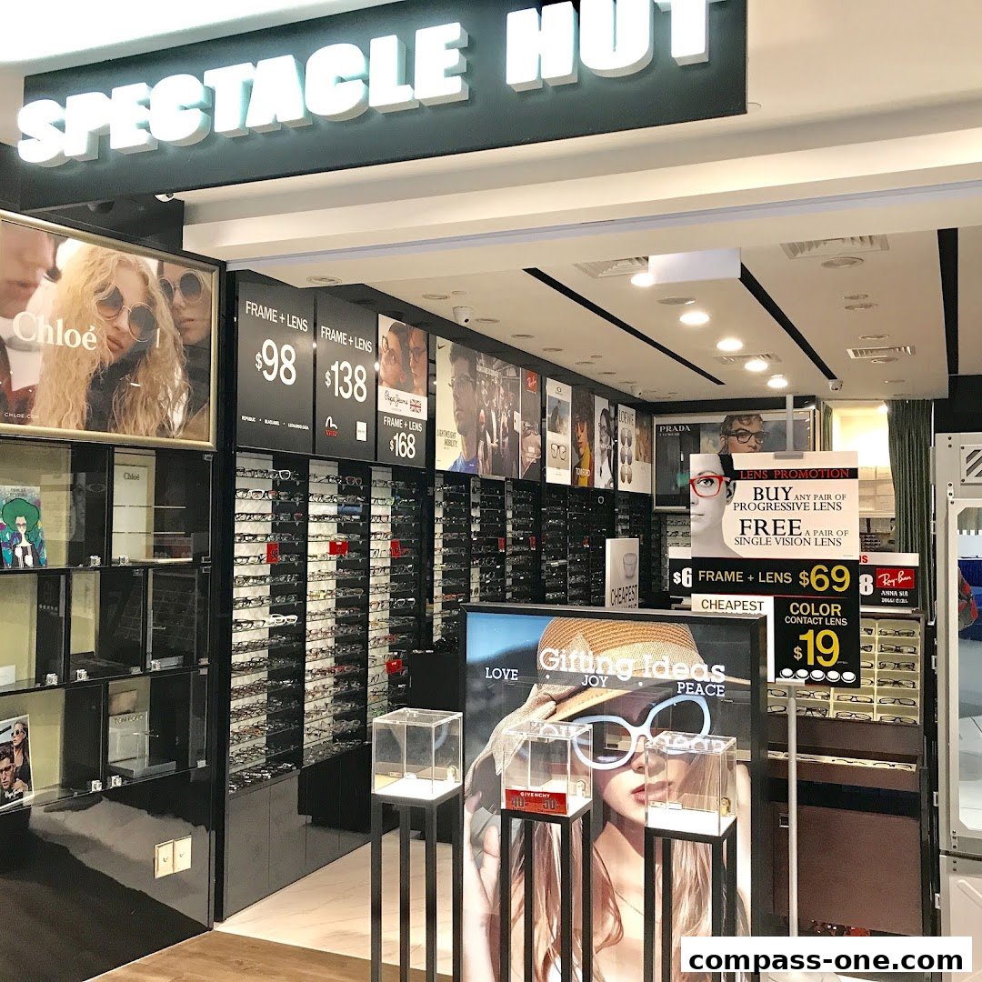 The exterior of Spectacle Hut, showcasing various eyewear brands and promotions.
