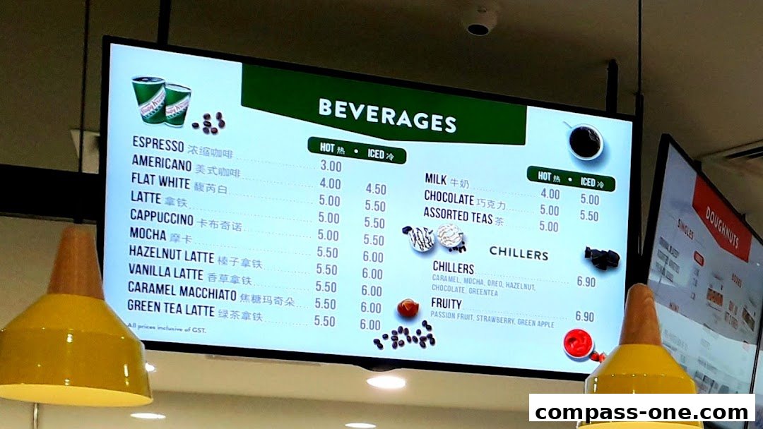 A digital menu board displaying beverages and prices at Krispy Kreme.