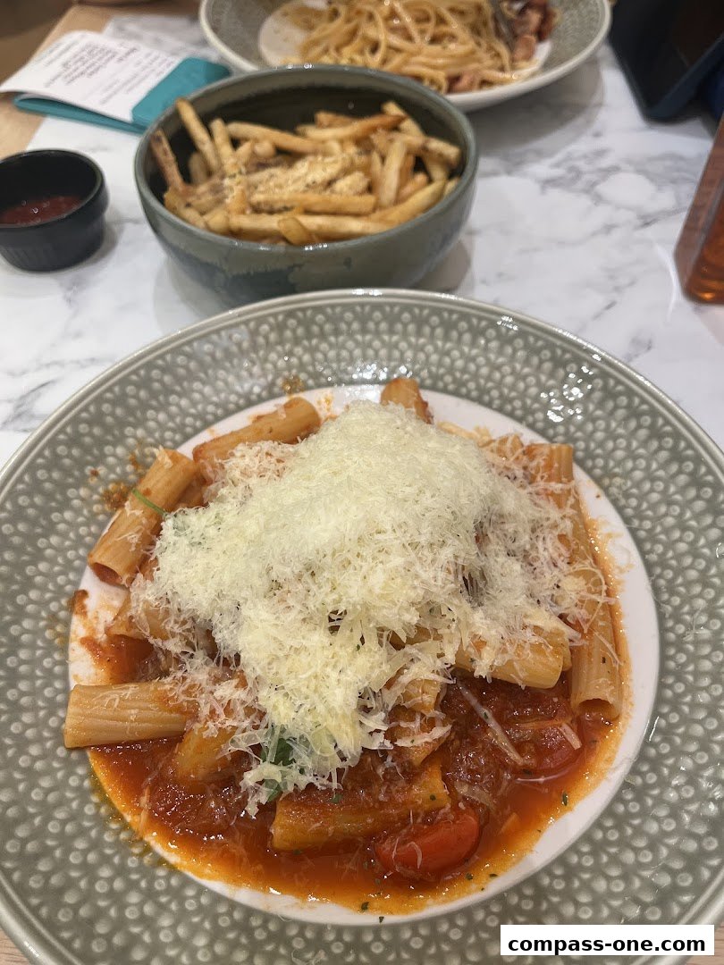 A close-up of a pasta dish with tomato sauce and grated cheese, served with fries.
