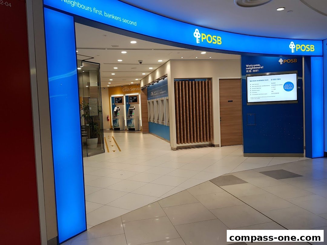 The entrance to a POSB bank branch with ATMs and a digital display.