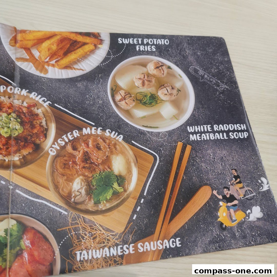 A menu featuring Taiwanese dishes like Oyster Mee Sua and Taiwanese Sausage.