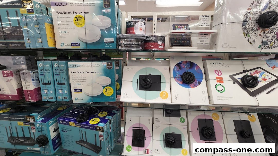 Shelves stocked with various networking devices and creative pen displays.