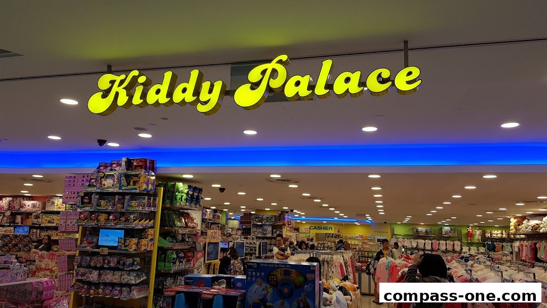 The brightly lit interior of Kiddy Palace, a toy and children's clothing store, showcasing shelves of toys and racks of apparel.