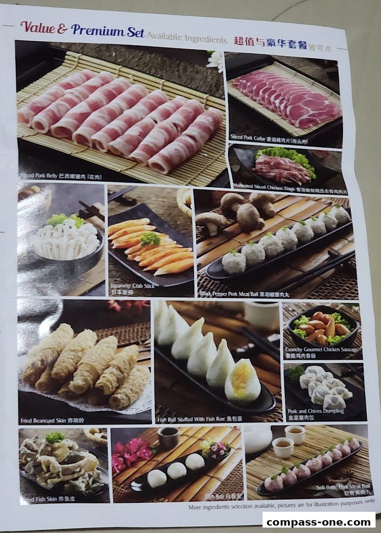 A menu showcasing various hotpot ingredients like sliced meats, seafood, and dumplings.