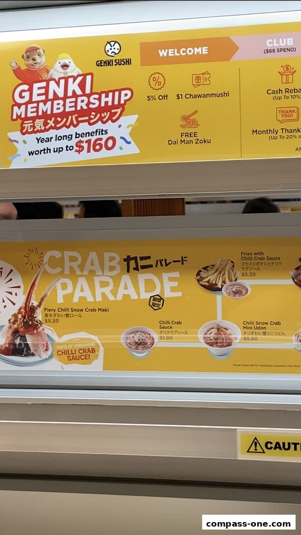 A menu board for Genki Sushi featuring a 'Crab Parade' with various crab-themed dishes and membership offers.
