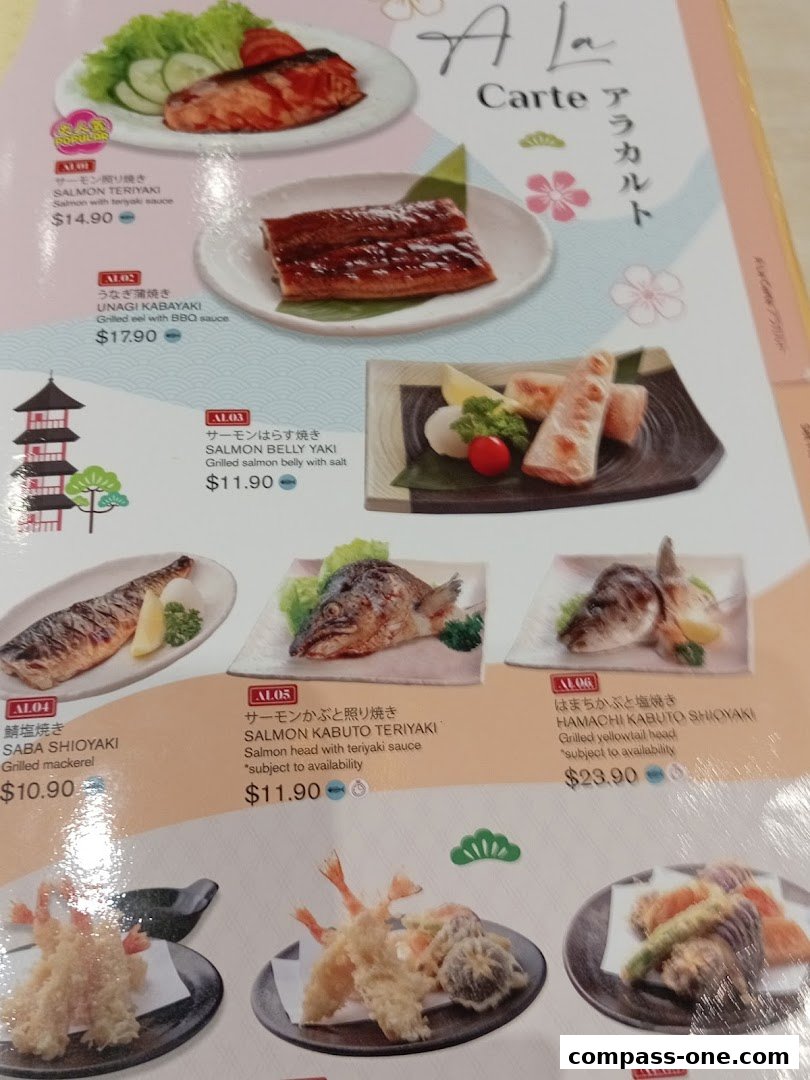A menu featuring various Japanese grilled fish and eel dishes with prices.