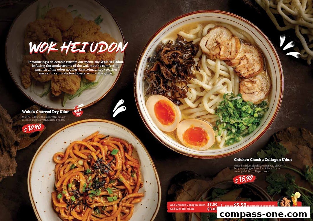 A visually appealing menu showcasing various udon dishes with detailed descriptions and prices.