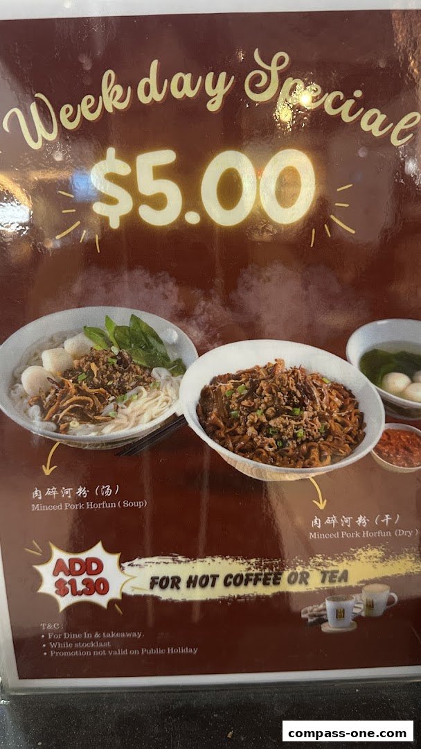 A menu featuring a $5 weekday special with Minced Pork Horfun (Soup and Dry) and an option to add coffee or tea.