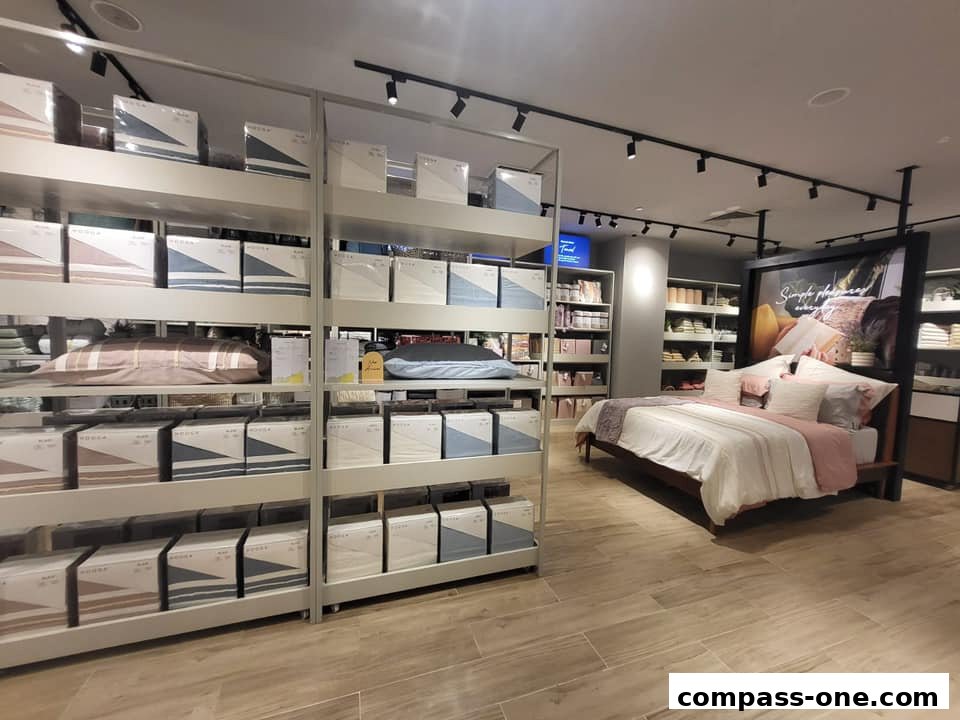 Interior view of a HOOGA store showcasing bedding and home decor products.
