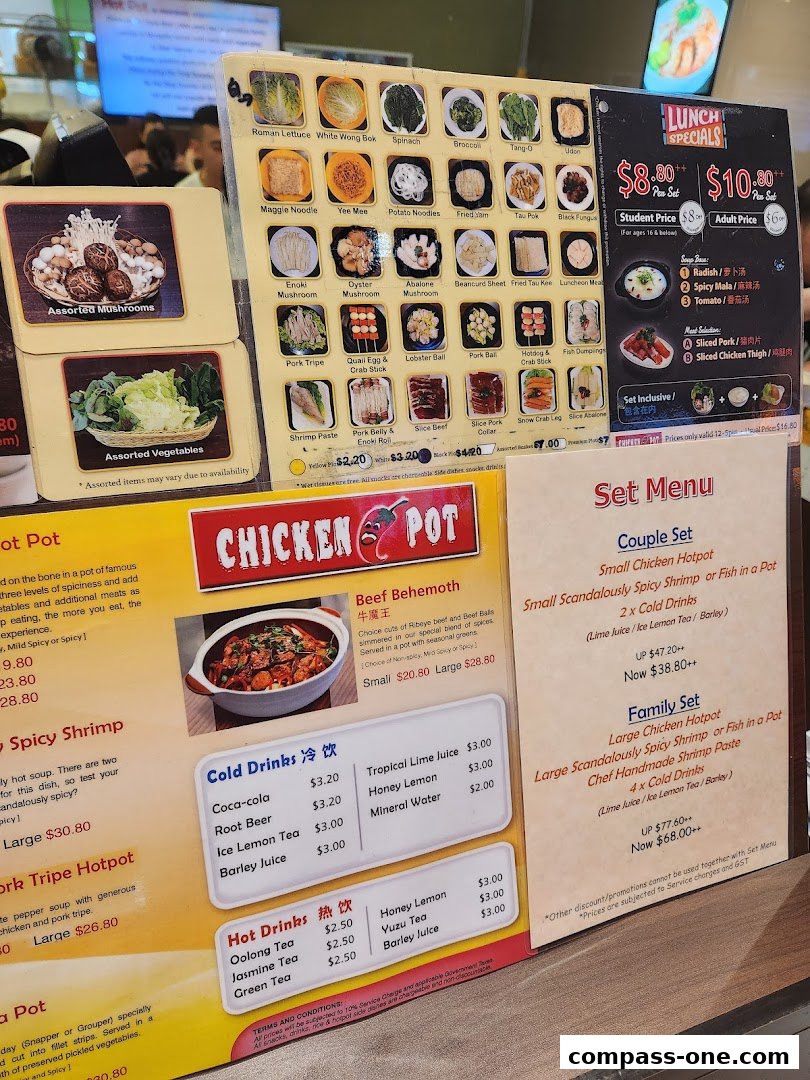 A menu board displaying various hot pot ingredients, set menus, and drinks with prices.