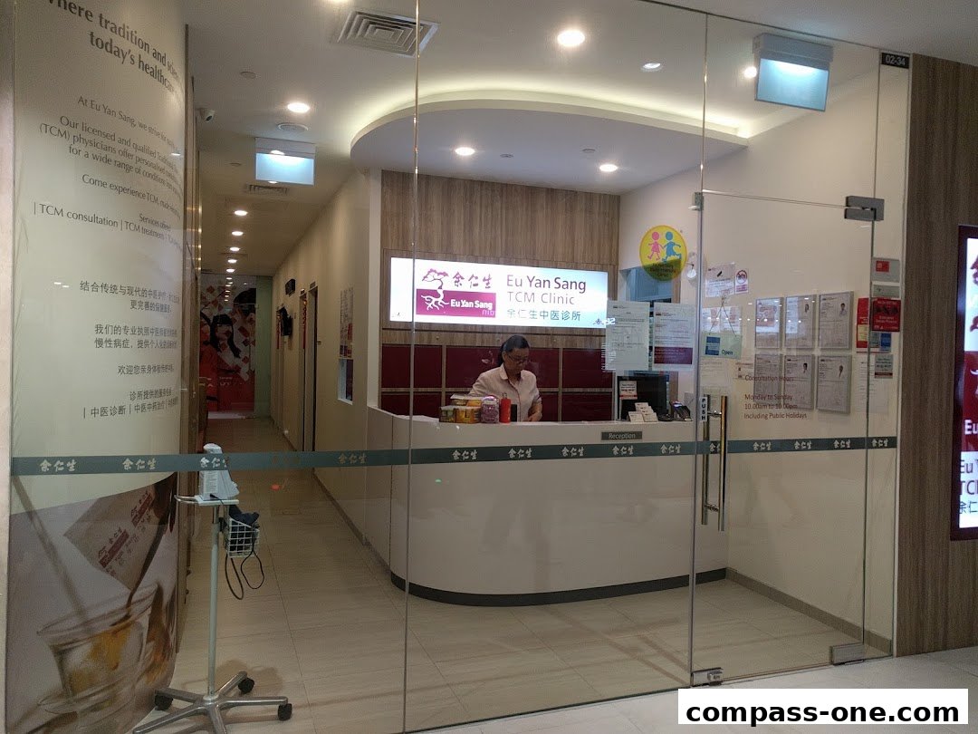 The entrance to Eu Yan Sang TCM Clinic with a reception desk and staff visible inside.