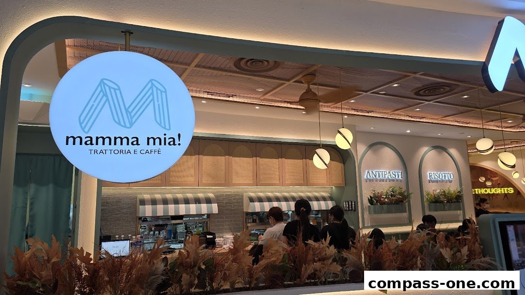 The inviting entrance of Mamma Mia Trattoria E Caffè with its prominent signage and warm interior.
