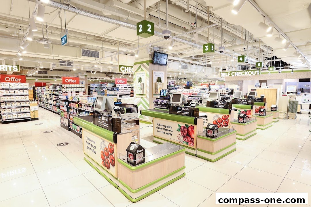Interior view of a supermarket with checkout counters and aisles stocked with products.
