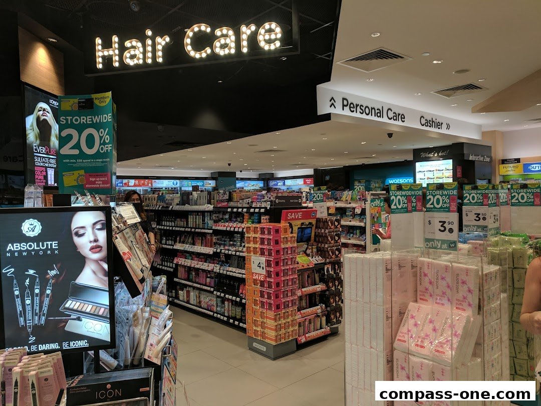 Interior view of a Watsons store with shelves stocked with personal care and beauty products.