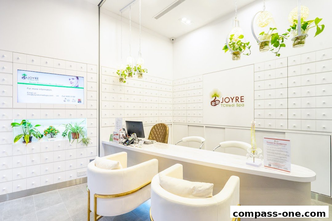 Interior of a modern TCMedi Spa with a reception desk, seating, and decorative elements.
