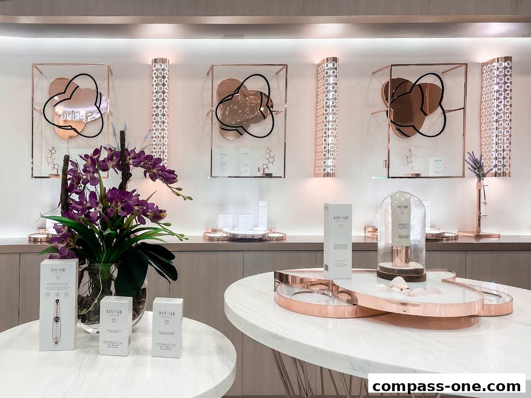 Estetica Beauty shop interior showcasing skincare products and elegant decor.