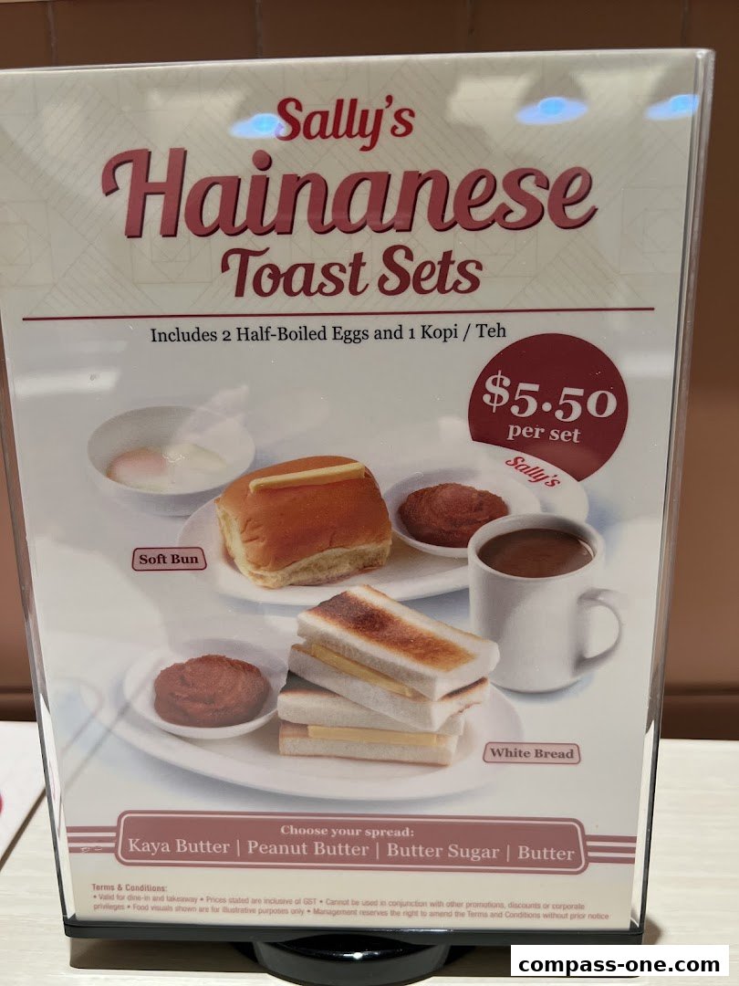 A menu board displaying Sally's Hainanese Toast Sets with images of the food.
