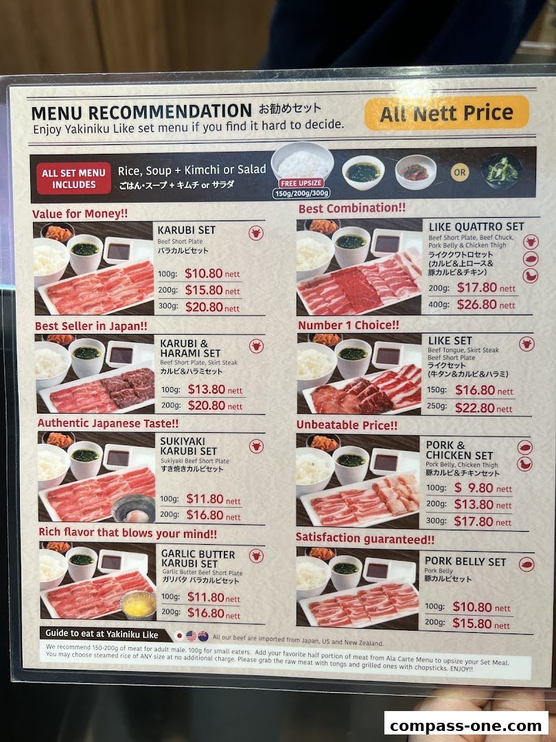 A menu recommending various Yakiniku Like set meals with prices and descriptions.