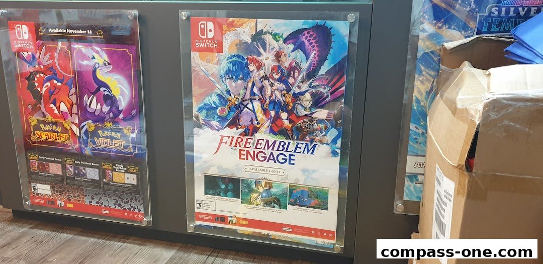 Posters for Nintendo Switch games Pokemon Scarlet/Violet and Fire Emblem Engage are displayed.