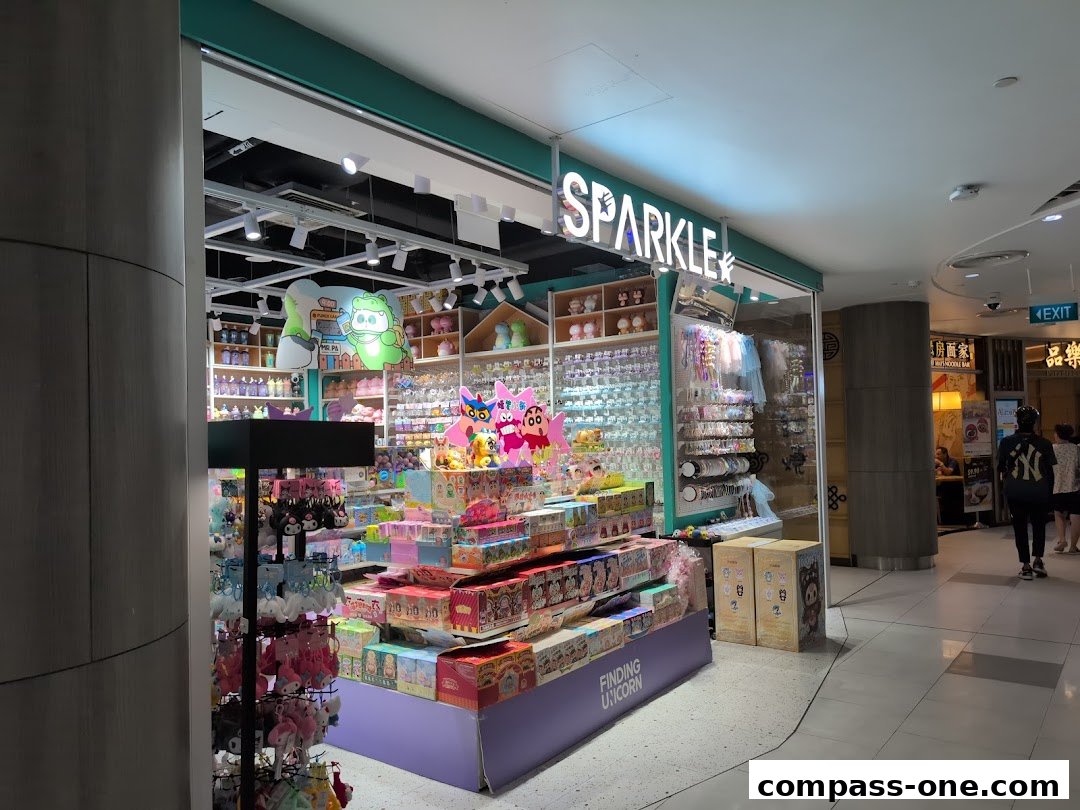 The Sparkle shop displays a vibrant collection of toys, accessories, and novelty items.