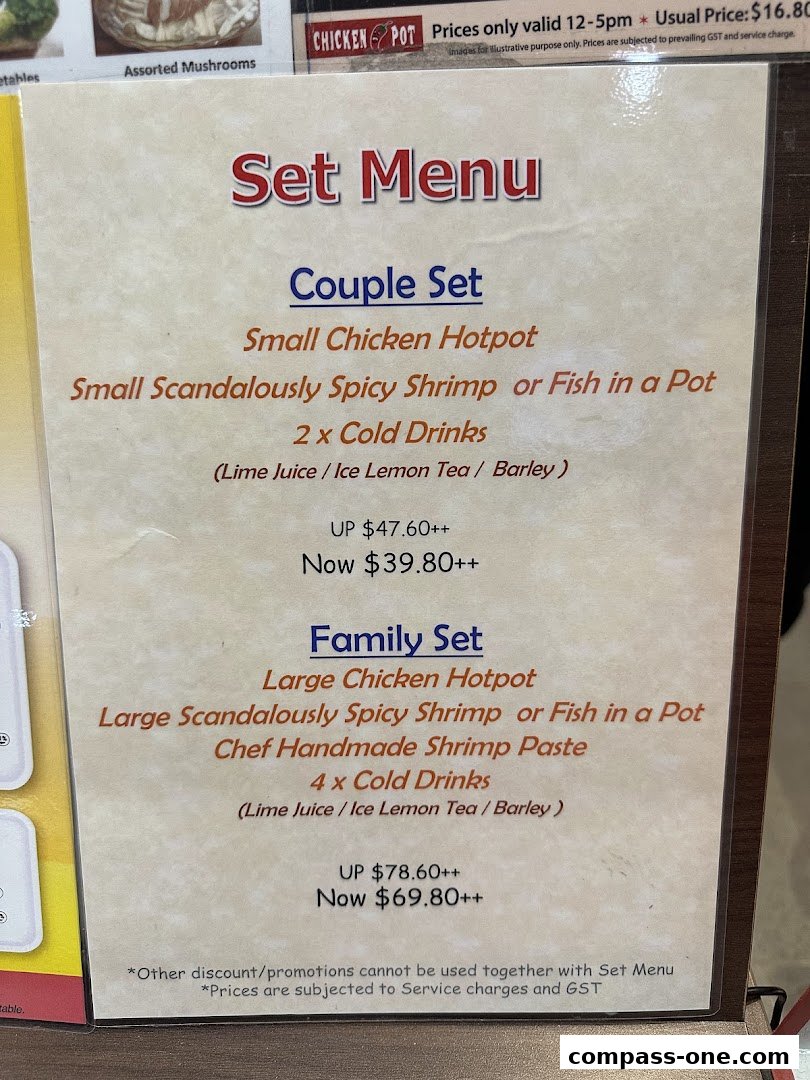 A menu for Chicken Hotpot featuring Couple and Family Set meals with prices.