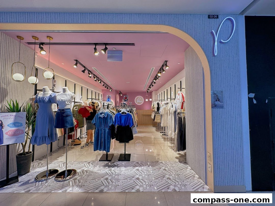 The entrance of a stylish clothing boutique with mannequins displaying fashionable outfits.